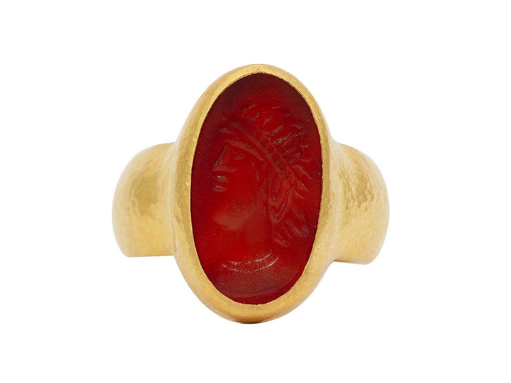 GURHAN, GURHAN Antiquities Gold Stone Cocktail Ring, 20x11mm Oval Greek God, Carnelian Intaglio