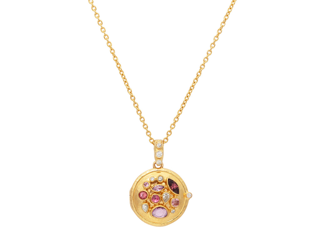 GURHAN, GURHAN Locket Gold Pendant Necklace, 19mm Round, Mixed Pink Stones