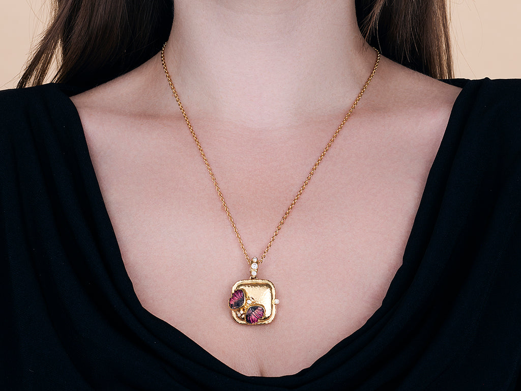 GURHAN, GURHAN Locket Gold Pendant Necklace, 24.5mm Square, Butterfly Motif, Tourmaline and Diamond