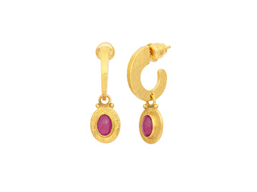 GURHAN, GURHAN Muse Gold Single Drop Earrings, 7x5mm Oval set in Wide Frame, Hoop Top, Ruby