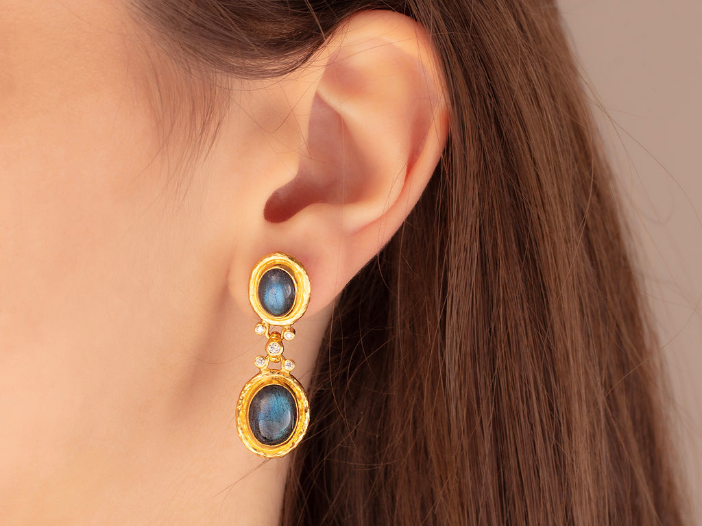 GURHAN, GURHAN Muse Gold Single Drop Earrings, Mixed Oval set in Wide Frame, Labradorite and Diamond