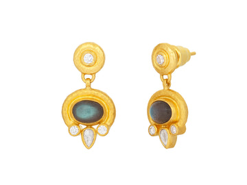 GURHAN, GURHAN Muse Gold Single Drop Earrings, 8x6mm Oval set in Wide Frame, Hoop Post Top, Labradorite and Diamond