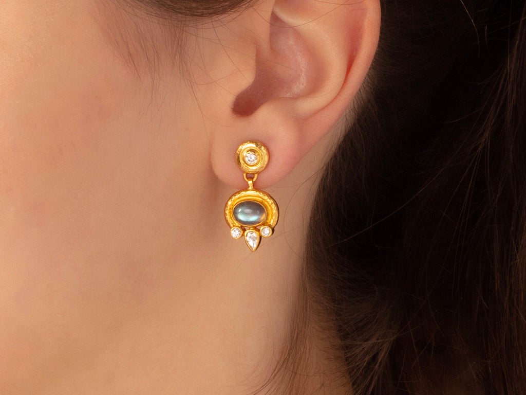 GURHAN, GURHAN Muse Gold Single Drop Earrings, 8x6mm Oval set in Wide Frame, Hoop Post Top, Labradorite and Diamond