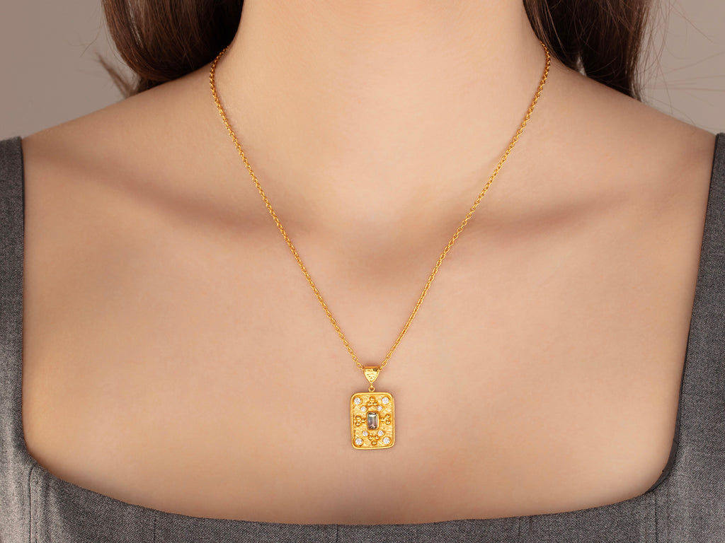 GURHAN, GURHAN Muse Gold Pendant Necklace, 21x16mm Rectangle Medallion, Tourmaline and Diamond
