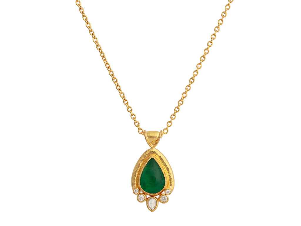 GURHAN, GURHAN Muse Gold Pendant Necklace, 11x8mm Teardrop set in Wide Frame, Emerald and Diamond