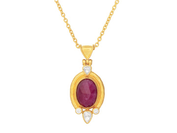 GURHAN, GURHAN Muse Gold Pendant Necklace, 12x9mm Oval set in Wide Frame, Ruby and Diamond