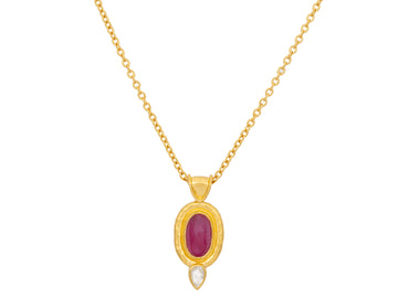 GURHAN, GURHAN Muse Gold Pendant Necklace, 10x6mm Oval set in Wide Frame, Ruby and Diamond