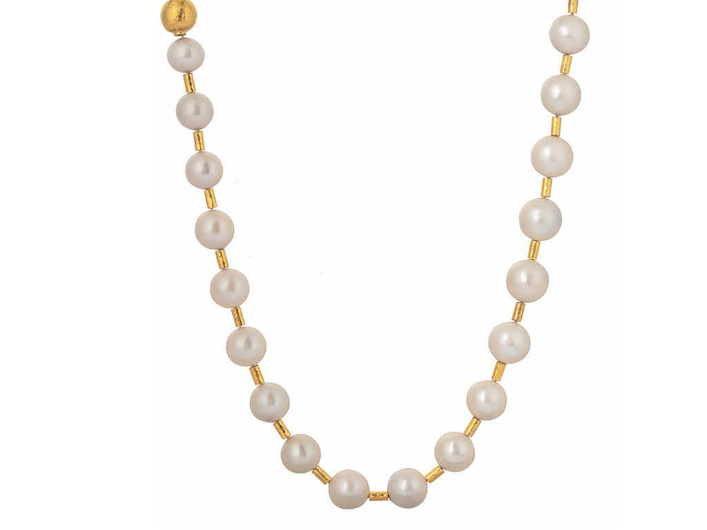 GURHAN, GURHAN Oyster Gold Beaded Long Necklace, Hammered Gold Tubes, Pearl