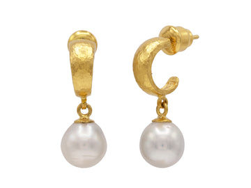 GURHAN, GURHAN Oyster Gold Single Drop Earrings, Small Tapered Hoop Top, Pearl