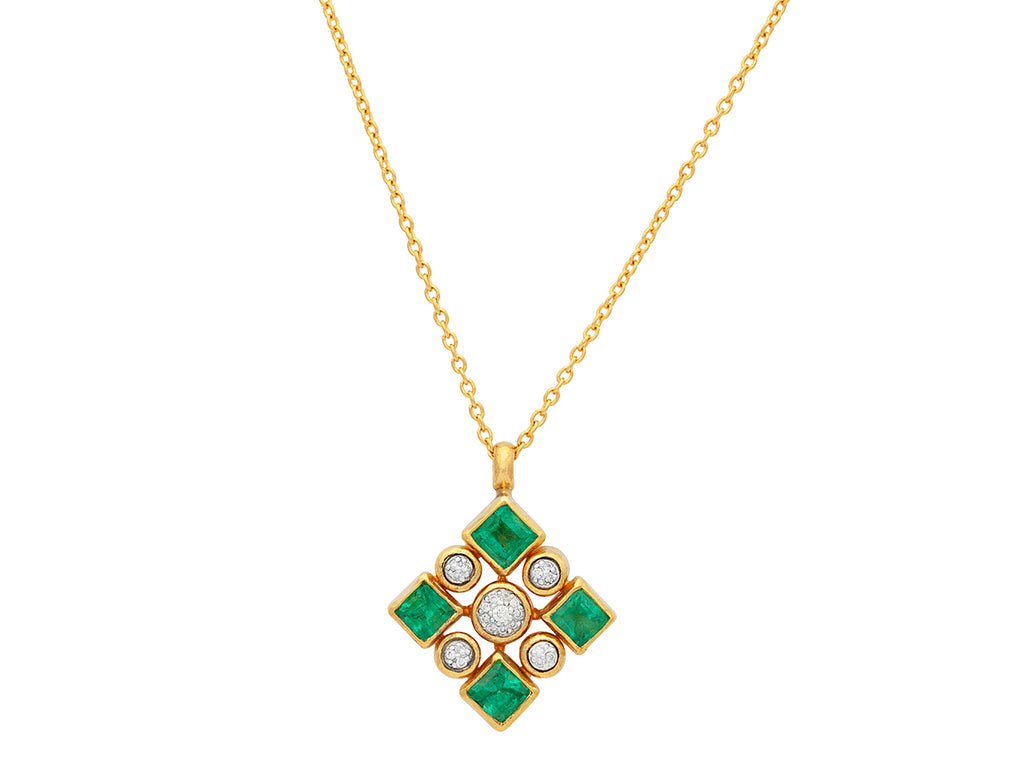 GURHAN, GURHAN Pointelle Gold Pendant Necklace, Square and Pave Cluster, Emerald and Diamond