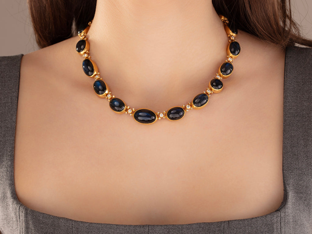 GURHAN, GURHAN Rune Gold All Around Short Necklace, Mixed Round and Oval Cabochon, Labradorite and Diamond