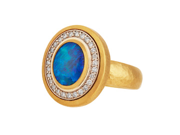 GURHAN, GURHAN Rune Gold Stone Cocktail Ring, 11x9mm Oval set in Wide Frame, Opal and Diamond Pave