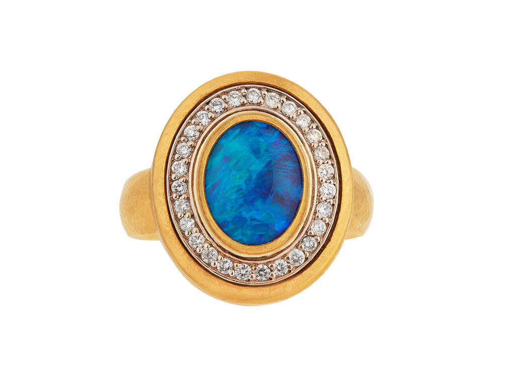 GURHAN, GURHAN Rune Gold Stone Cocktail Ring, 11x9mm Oval set in Wide Frame, Opal and Diamond Pave