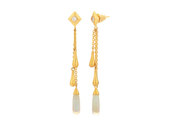 GURHAN, GURHAN Spell Gold Tassel Drop Earrings, Cabochon Drop with Chain and Gold Drops, Opal and Diamond