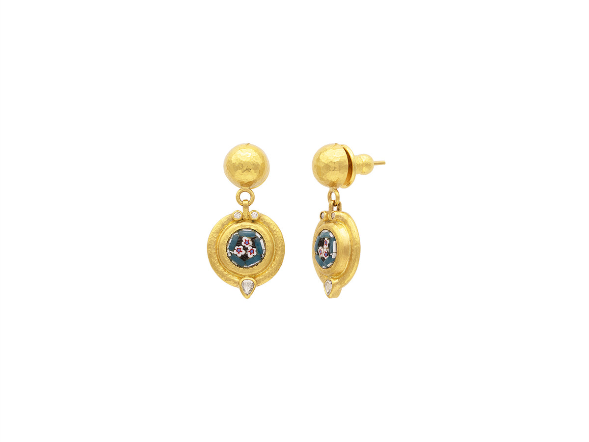 GURHAN, GURHAN Antiquities Gold Single Drop Earrings, 11mm Round Set in Wide Frame, with Micro Mosaic and Diamond