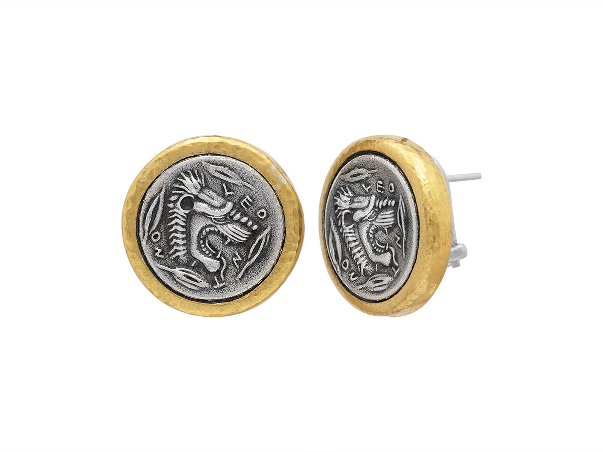GURHAN, GURHAN Coin Sterling Silver Clip Post Stud Earrings, Lion, with No Stone & Gold Accents
