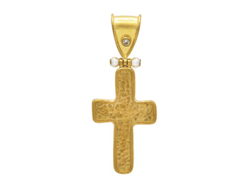GURHAN, GURHAN Cross Gold Pendant, 43x18mm, Pearl and Diamond Accents