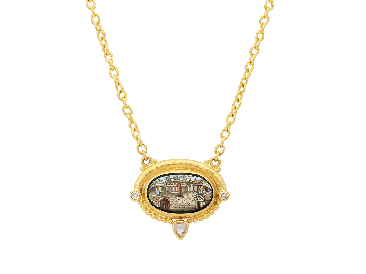 GURHAN, GURHAN Antiquities Gold Oval Pendant Necklace, St. Peter's Square Design, with Micro Mosaic and Diamond