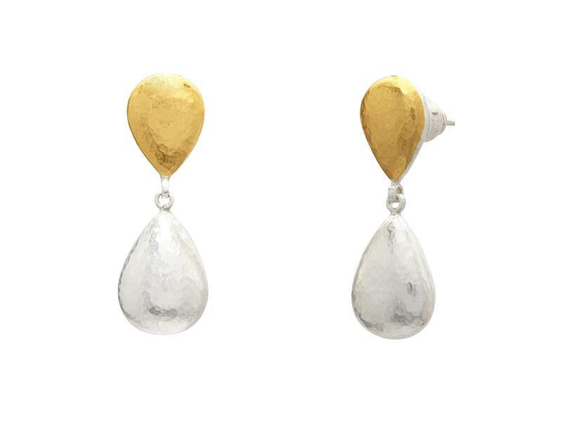 GURHAN, GURHAN Spell Sterling Silver Single Drop Earrings, Double Pear on Post Top, No Stone, Gold Accents