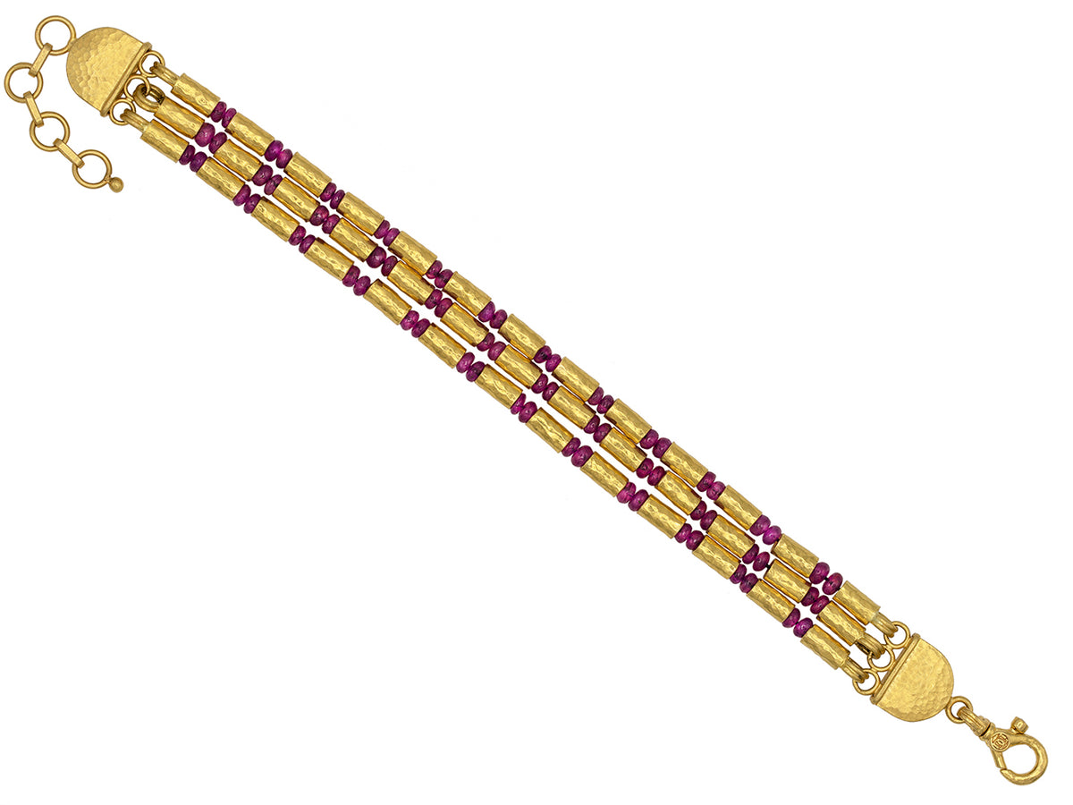 GURHAN, GURHAN Vertigo Gold Beaded Multi-Strand Bracelet, Gold Tube Beads, Cabochon Ruby