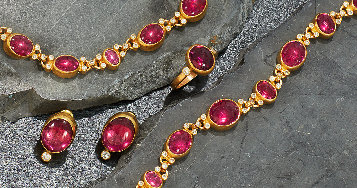 July birthstone: drop necklace with ruby and drop bracelet with ruby