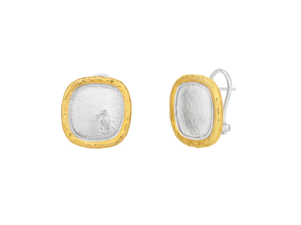 GURHAN, GURHAN Amulet Sterling Silver Stud Earrings, Rounded Square on Clip Post, Gold Accents