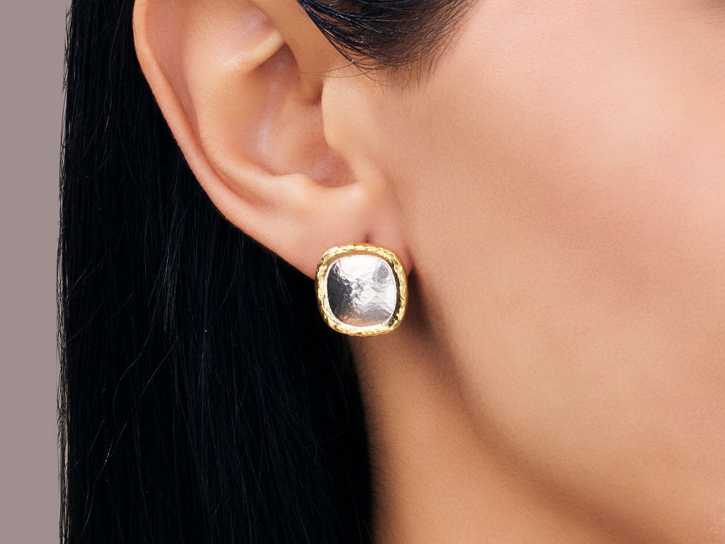 GURHAN, GURHAN Amulet Sterling Silver Stud Earrings, Rounded Square on Clip Post, Gold Accents