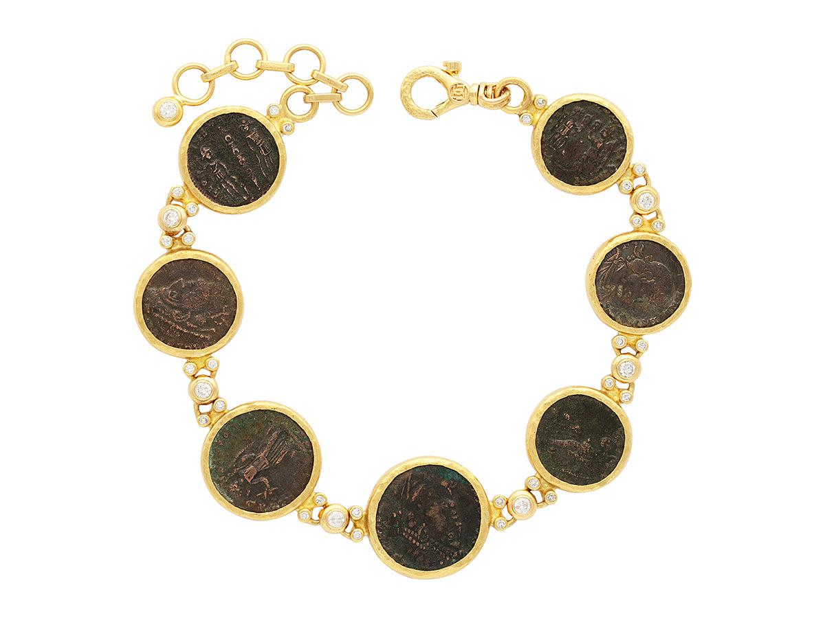 GURHAN, GURHAN Antiquities Gold All Around Single-Strand Bracelet, Butterfly Links, with Coin and Diamond