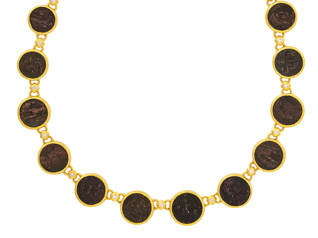 GURHAN, GURHAN Antiquities Gold Coin All Around Short Necklace, Square Links with Diamond Accents