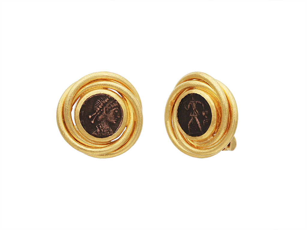 GURHAN, GURHAN Antiquities Gold Coin Stud Earrings, 10mm Round Set in Twisted Wire Frame