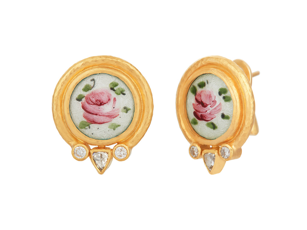 GURHAN, GURHAN Antiquities Gold Guilloche Enamel Stud Earrings, 13mm Round Floral Motif set in Wide Frame