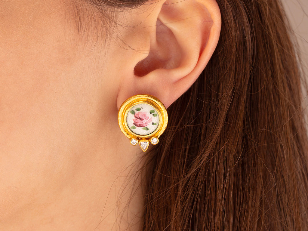 GURHAN, GURHAN Antiquities Gold Guilloche Enamel Stud Earrings, 13mm Round Floral Motif set in Wide Frame