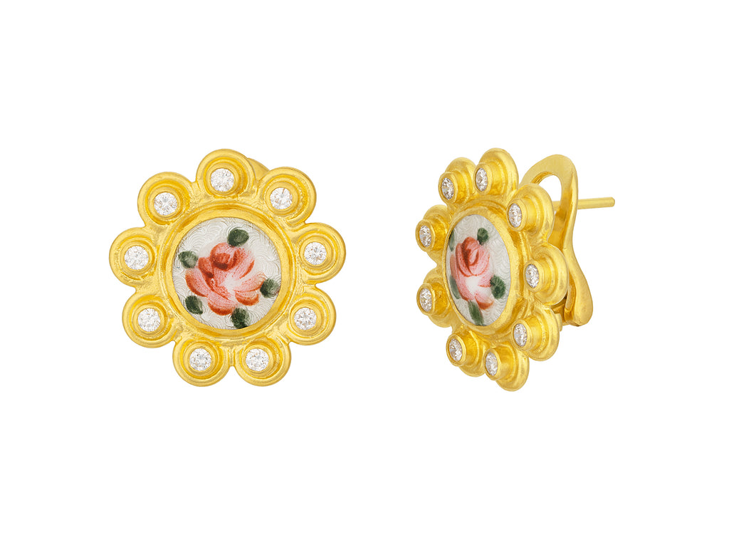 GURHAN, GURHAN Antiquities Gold Guilloche Enamel Stud Earrings, 10mm Round set in Diamond Frame