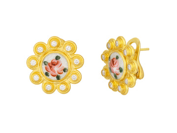 GURHAN, GURHAN Antiquities Gold Guilloche Enamel Stud Earrings, 10mm Round set in Diamond Frame