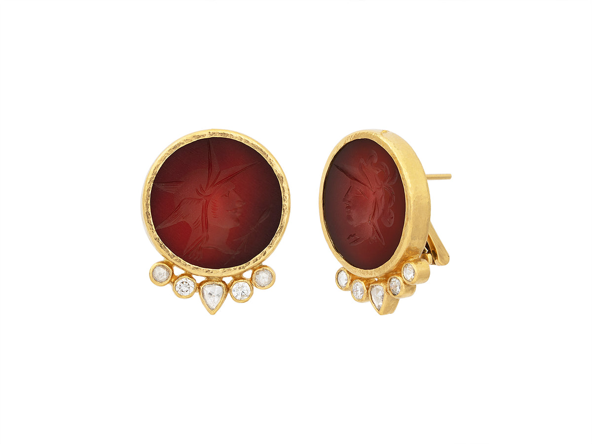 GURHAN, GURHAN Antiquities Gold Clip Post Stud Earrings, 21mm Round, with Carnelian Intaglio and Diamond