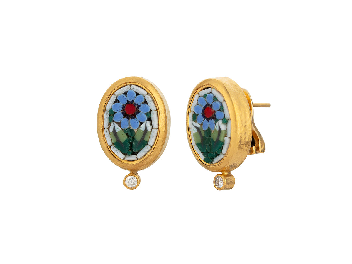 GURHAN, GURHAN Antiquities Gold Clip Post Stud Earrings, 18x14mm Oval Floral Motif, Micro Mosaic and Diamond