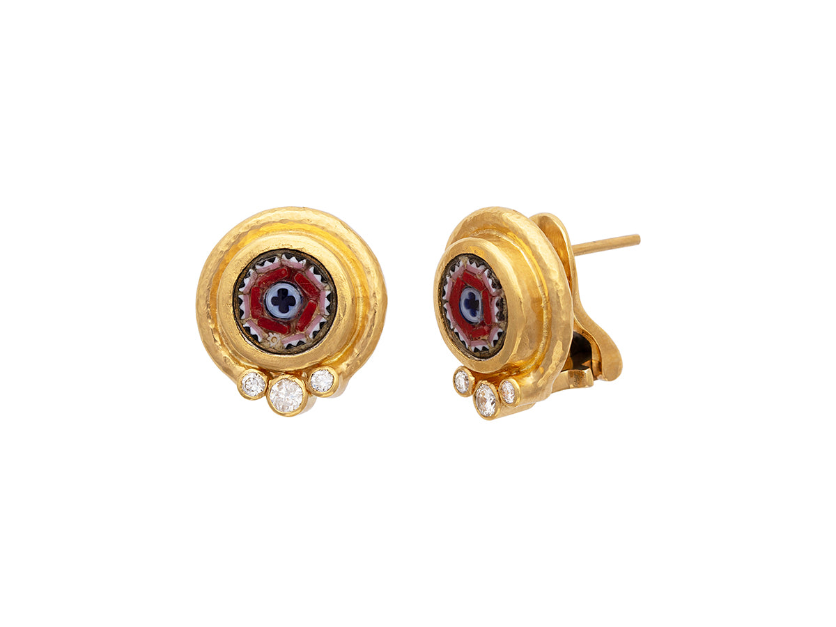 GURHAN, GURHAN Antiquities Gold Clip Post Stud Earrings, 8mm Round Floral Motif set in Wide Frame, Micro Mosaic and Diamond