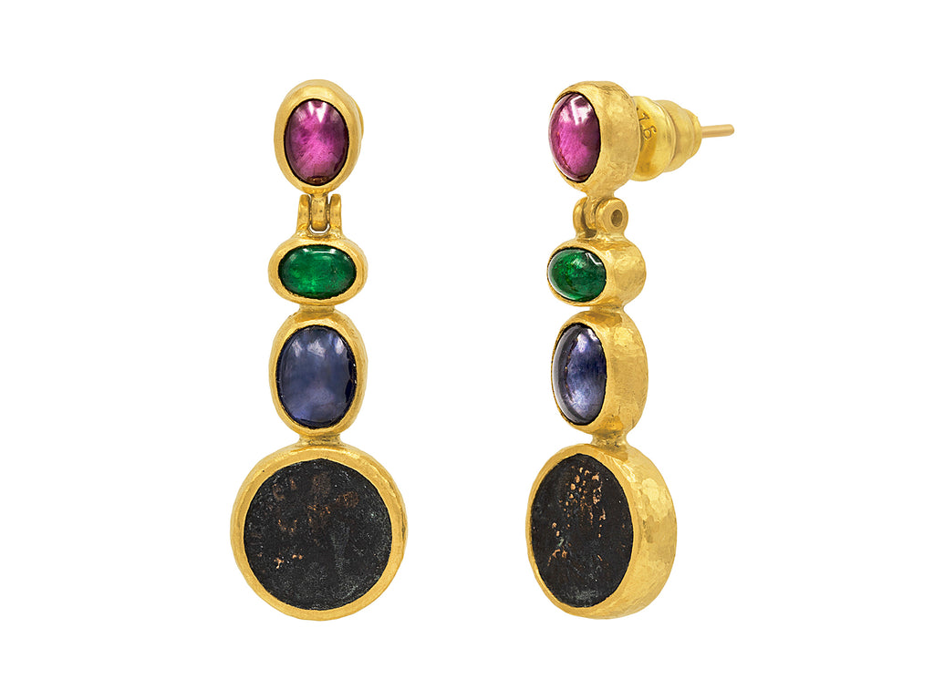 GURHAN, GURHAN Antiquities Gold Mixed Stone Long Drop Earrings, Mixed Round and Oval