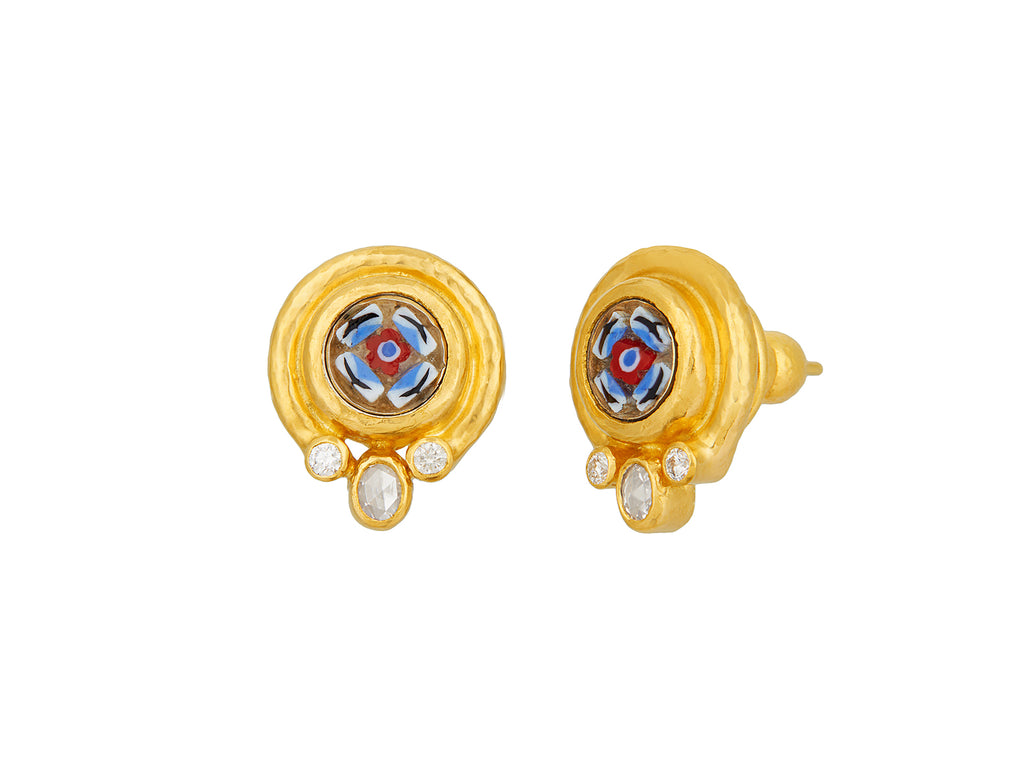 GURHAN, GURHAN Antiquities Gold Micro Mosaic Stud Earrings, 8mm Round Floral Motif set in Wide Frame