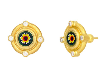 GURHAN, GURHAN Antiquities Gold Micro Mosaic Stud Earrings, 8mm Round Floral Motif set in Wide Frame