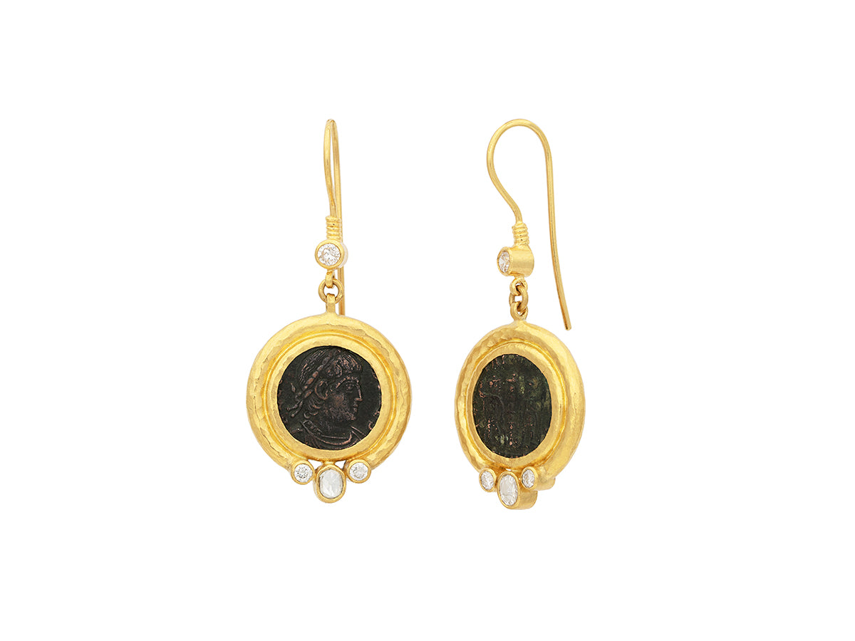 GURHAN, GURHAN Antiquities Gold Single Drop Earrings, 15mm Round set in Wide Frame, with Coin and Diamond