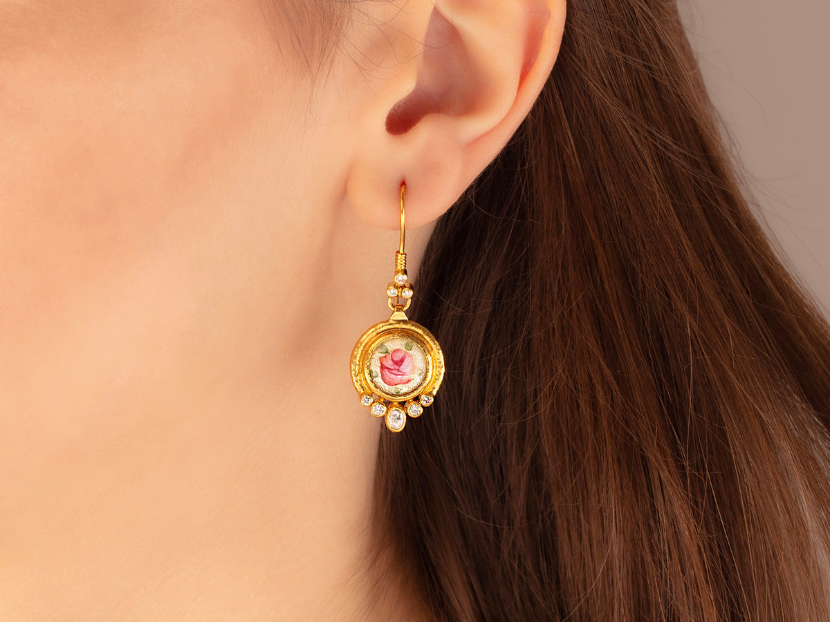 GURHAN, GURHAN Antiquities Gold Single Drop Earrings, 11mm Round Set in Wide Frame, Guilloche Enamel