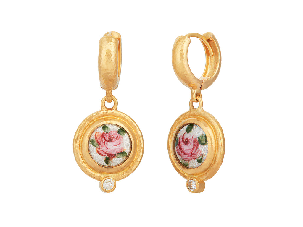 GURHAN, GURHAN Antiquities Gold Guilloche Enamel Single Drop Earrings, 9mm Round set in Wide Frame