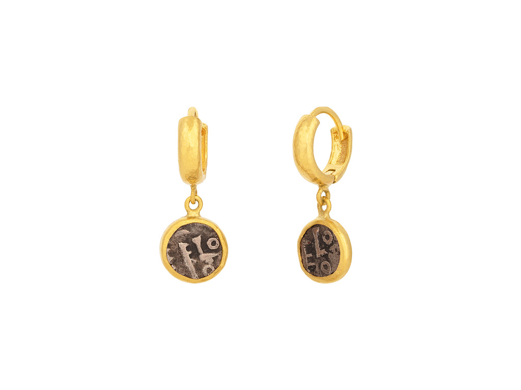 GURHAN, GURHAN Antiquities Gold Coin Single Drop Earrings, 8mm Round on Huggie Hoop