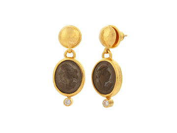 GURHAN, GURHAN Antiquities Gold Single Drop Earrings, 14x12mm Oval, Round Post Top, Lava Cameo and Diamond