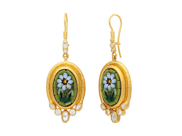 GURHAN, GURHAN Antiquities Gold Micro Mosaic Single Drop Earrings, 19x12mm Oval set in Wide Frame, Floral Motif