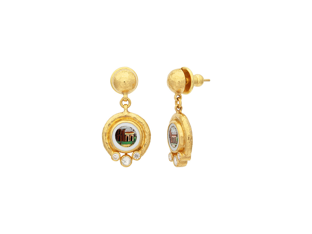 GURHAN, GURHAN Antiquities Gold Single Drop Earrings, 10mm Round set in Wide Frame, Pantheon, with Micro Mosaic and Diamond