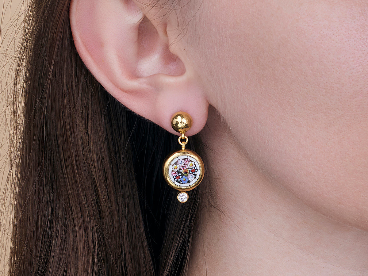 GURHAN, GURHAN Antiquities Gold Single Drop Earrings, 15mm Round Floral Motif, Micro Mosaic and Diamond