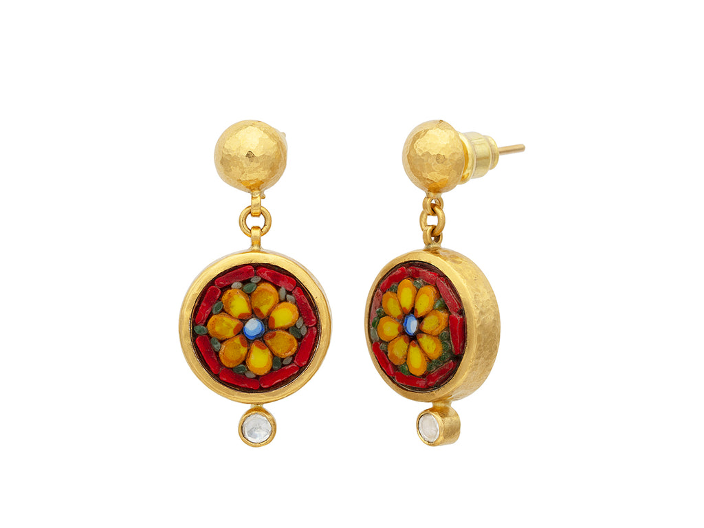 GURHAN, GURHAN Antiquities Gold Single Drop Earrings, 16.5mm Round Floral Motif, Micro Mosaic and Diamond