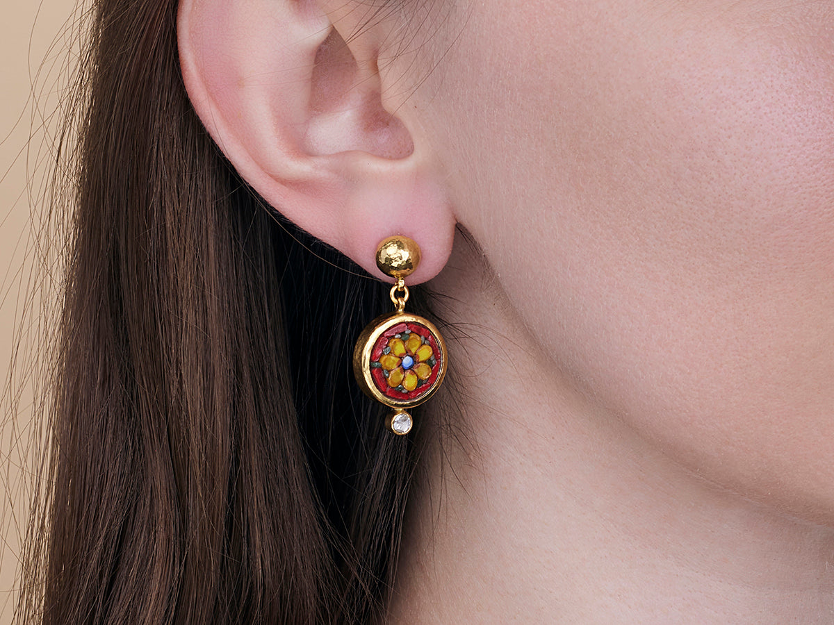 GURHAN, GURHAN Antiquities Gold Single Drop Earrings, 16.5mm Round Floral Motif, Micro Mosaic and Diamond